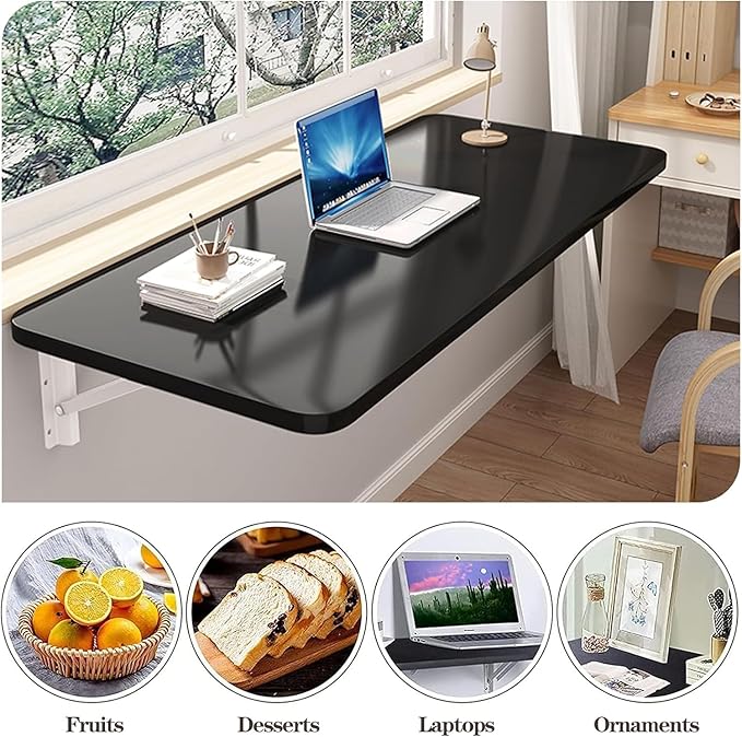 Wall Mounted Folding Table,Black Floating Desk for Small Spaces,Stainless Steel Bracket Laundry Folding Table,Wall Folding Desk,Home Bars and Dining Establishments(80X50cm/31.5"×19.7")