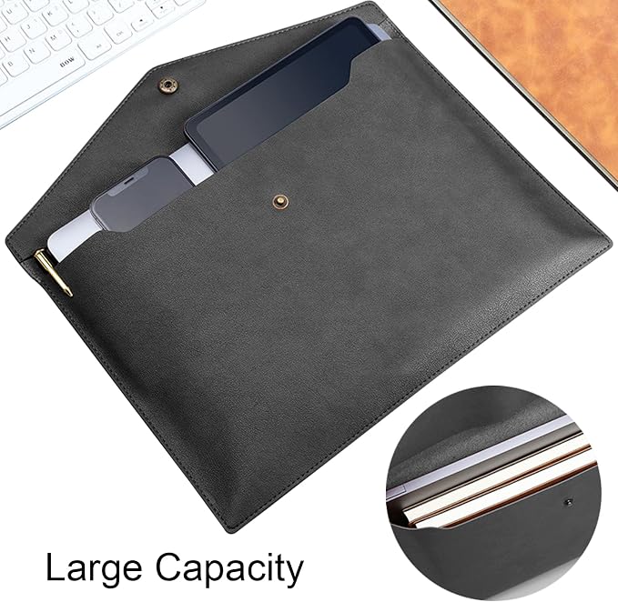 VANRA 1 Piece PU Leather File Folders A4 Document Holder File Envelope Waterproof Portfolio Filing File Organizer for Letter Size with Snap Button Closure, Black
