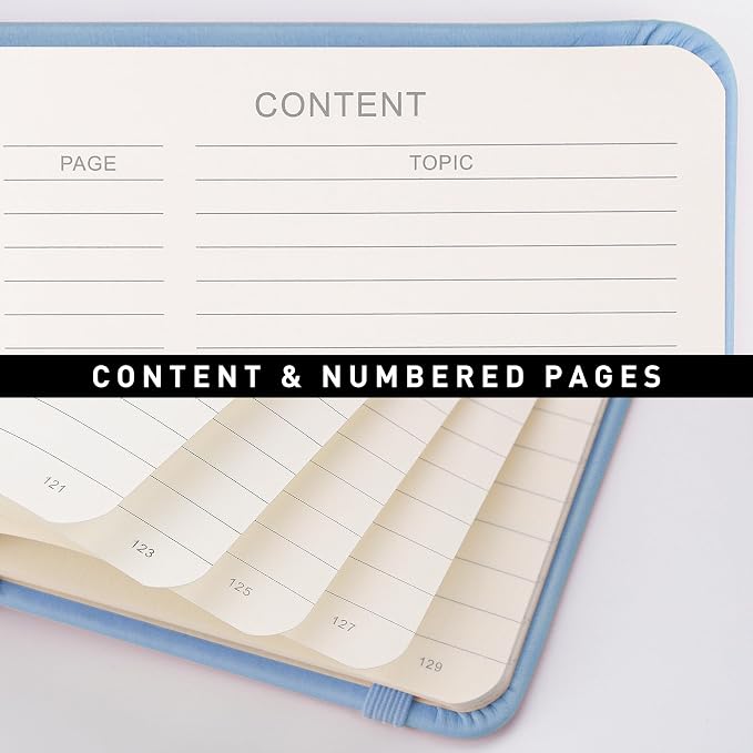 RETTACY Lined Journal Notebook, 192 Numbered Pages, A5 Medium Size (5.7'' x 8.3''), for Men & Women, Journaling, Writing, Work & Office, Leather Hardcover, 100 GSM Thick Paper (Light Blue)