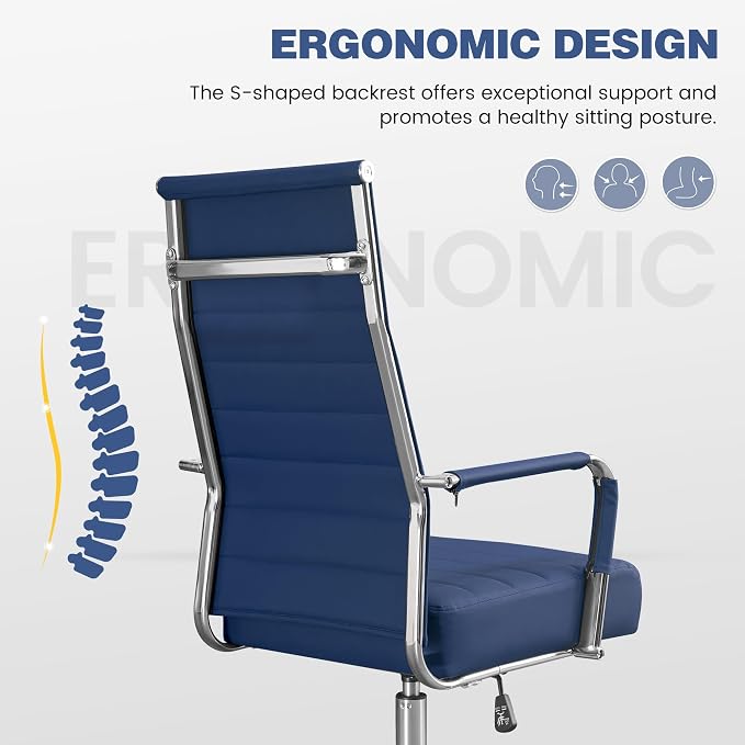 JOMEED Office Desk Chair,Conference Room Chair,High Back PU Leather Swivel | Modern Executive Ribbed Design, Ergonomic, Height Adjustable, Wheels and Arms, for Home Office(Blue-Silver Frame)