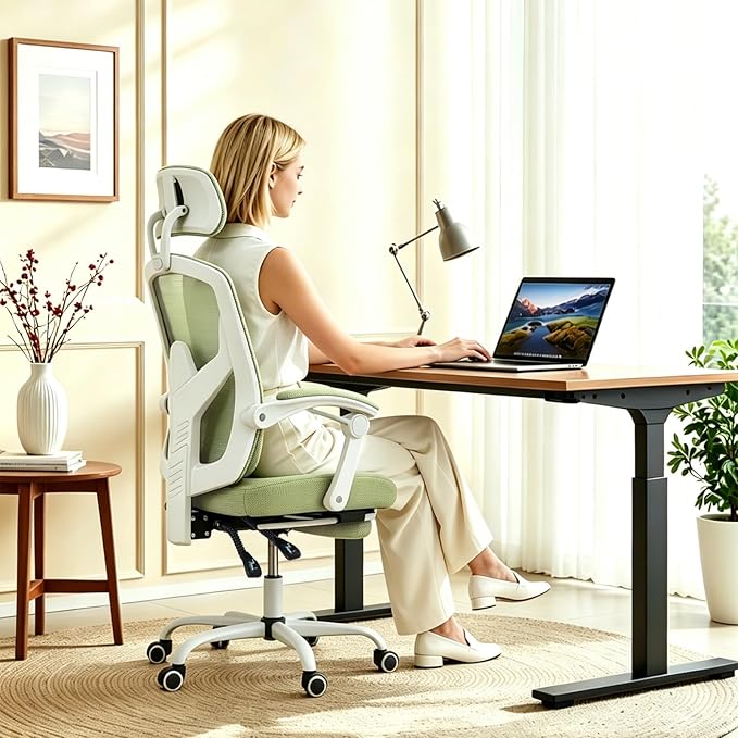 Ergonomic Office Chair with Footrest, High Back Home Desk Chair with Lumbar Support & Headrest, 90-135° Reclining Mesh Back Computer Chair with Wheels for Work, Gaming, Green