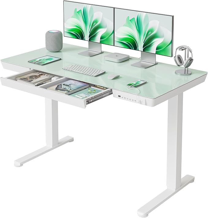 FEZIBO 48 × 24 Electric Standing Desk with Drawers, Whole-Piece Glass Adjustable Height Desk, One-Piece Quick Install Adjustable Sit Stand Desk, White