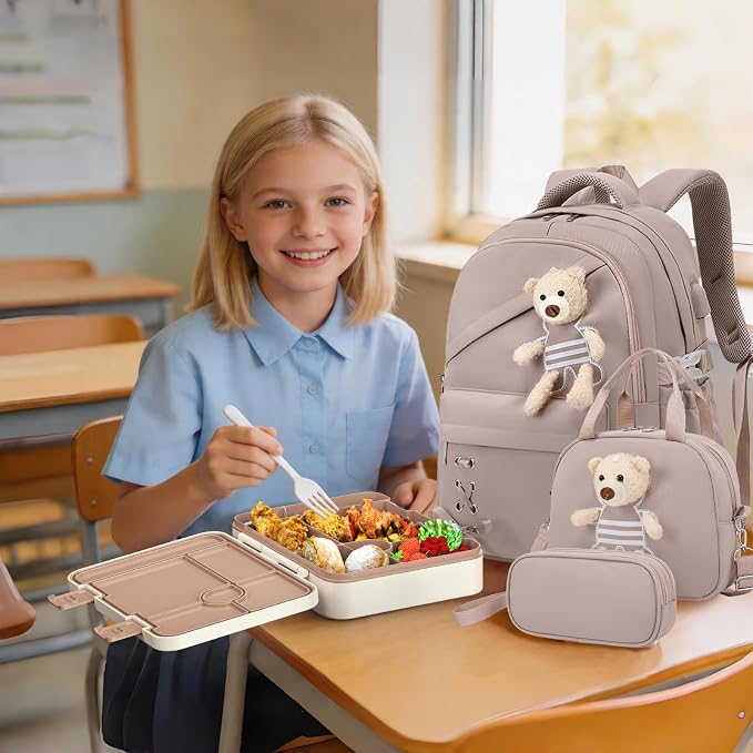 ACESAK Backpack for Girls with Bento Box - 4 PCS Cute Girls Backpack with Lunch Box, Pencil Case & Bento Box Set - 43oz Leakproof Lunch Box Kids Snack Containers Set Back to School Supplies (Khaki)
