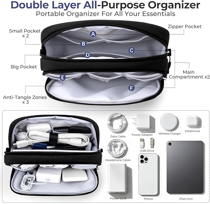 Skycase Travel Cable Organizer - Lightweight Water Resistant Dual-Layer Tech Pouch with Wrist Strap 11 Compartments Electronic Organizer Travel Case for Charger Cord Hard Drive,Large,Black