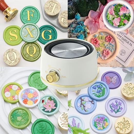 Electric Wax Seal Melting Furnace Warmer Kit, Sealing Wax Warmer Electrical with a 80ml Large Spoon, a Non-Slip Melt Scoop Great Tool for Melting Waxs Seals Sticks Beads (300 Green White Kit)