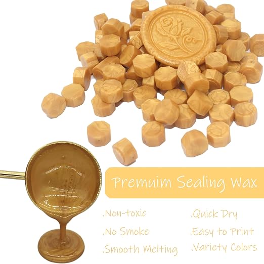 250pcs Wax Seal Beads Gold, Andotopee Premium Sealing Wax Beads for Stamp Seals, Octagon Seal Stamp Pellets Refill Pack for Wedding Invitation, Letter Envelope, Scrapbook Crafts (Vintage Gold)