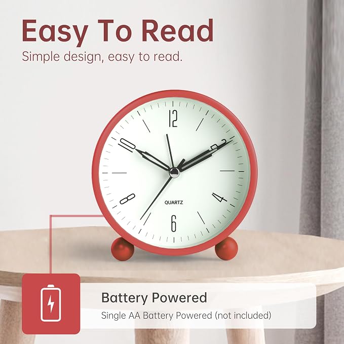 Analog Alarm Clock, 4 inch Super Silent Non Ticking Small Clock with Night Light, Battery Operated, Simple Design, Old Fashioned Style Wine-red Decor, for Bedroom, Bedside, Desk, Adult, Gift, Red