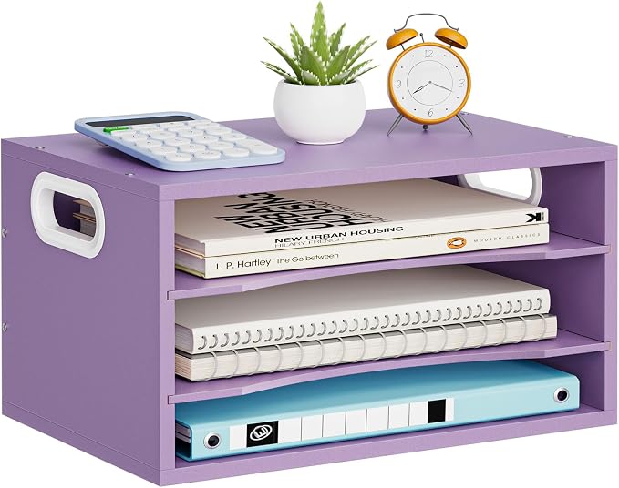 Marbrasse 3 Tier Wood Desk Organizer, Paper Letter Tray Organizer，Purple | Wooden Desktop File Organizer with Handle and Paper Sorter Mail Holder for Office School & Home Supplies Organization
