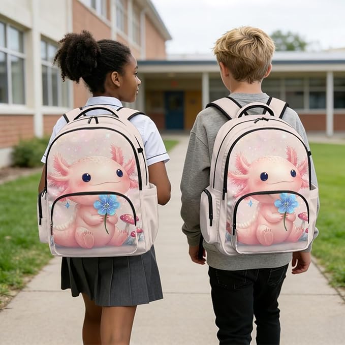 Axolotl Backpack Set Girls Backpacks Ages 8-10 with Lunch Box Large Capacity School Bag for Kids 1st 2nd Grade Elementary Students Kawaii Bookbag Back to School Supplies