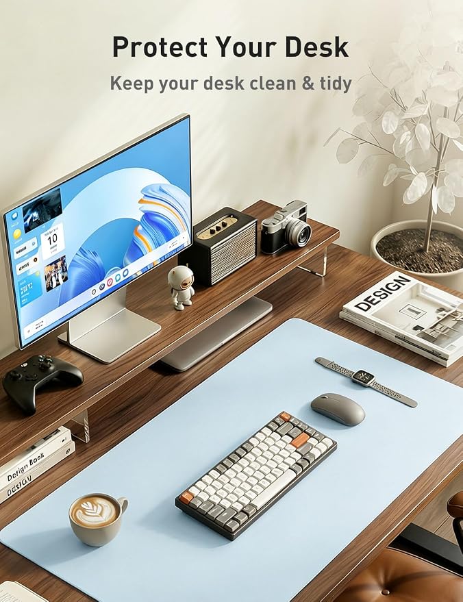 Aothia Faux Leather Desk Mat - Non-Slip PU Leather Desk Blotter, Waterproof Writing Surface, Large Desk Pad for Office & Home (Baby Blue, 55" x 17")