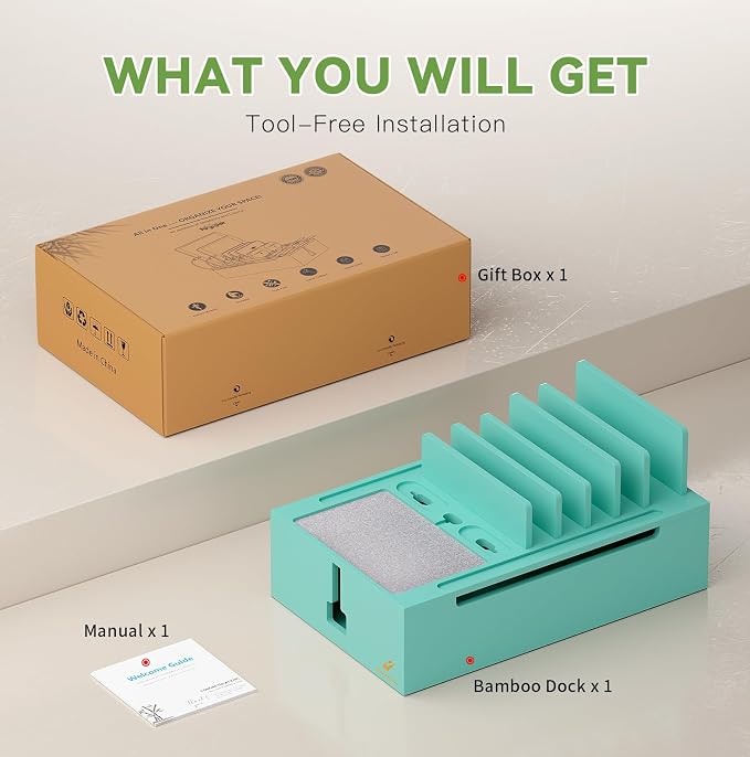 Pezin & Hulin Bamboo Charging Station-Teal, (No USB Charger and Cables) | Electronic Devices Organizer for Multiple Devices Charger Such As Cell Phone, Tablet, Watch and More