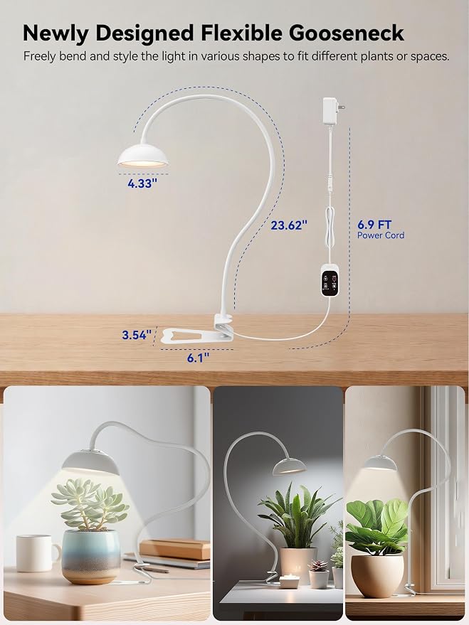 GLOWRIUM Smart Grow Lights for Indoor Plants,10W Full Spectrum Plant Lights with Bluetooth App Control, 360° Flexible Gooseneck Grow Lamp, Auto Timer 3/9/12Hrs, 10 Brightness for Small Plants (White)