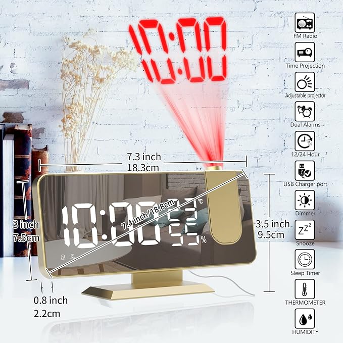 Projection Digital Alarm Clock for Bedrooms, Alarm Clock Radio on Ceiling | USB Charger Port, Temperature & Humidity Display, 7.3” Large Mirror LED Display,12/24H,Snooze,Dual Loud Clock- 4 Dimmer