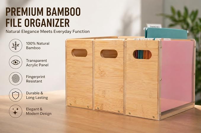 2 Pack Premium Thickened Bamboo Desktop Hanging File Organizer - Heavy Duty Portable Desk File Box with Handles, Sturdy Storage Crate for Letter Size Documents & Home Office
