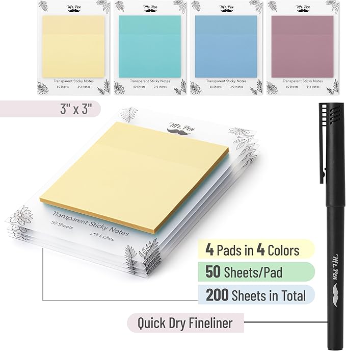 Mr. Pen- Transparent Sticky Notes, 3x3, 200 Sheets, Morandi Colors, See Through Sticky Notes Clear, Translucent Sticky Notes, Stocky Notes for Bible Journaling