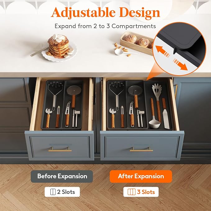 Lifewit Utensil Organizer for Kitchen Drawer, Expandable Cooking Silverware Tray, Adjustable Cutlery Flatware Holder, Plastic Spatula Tools Storage Divider, 14.4 x 15.8", Black