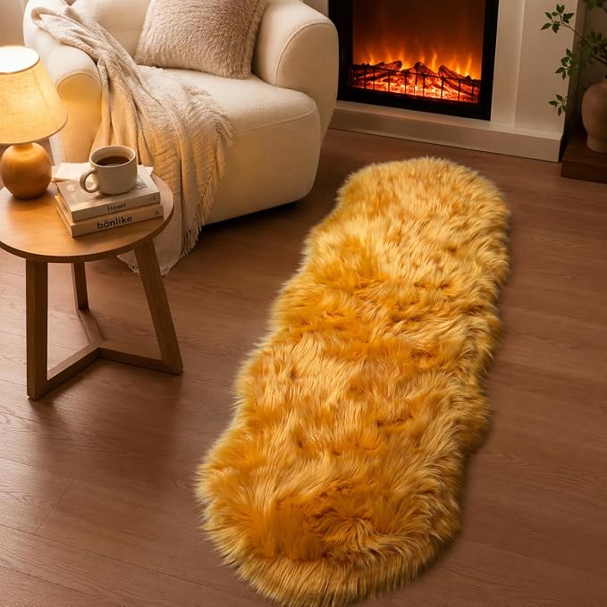EasyJoy Faux Sheepskin Rug, Fluffy Faux Fur Rug, Ultra Soft Shag Area Rug with Non-Slip Backing for Bedroom, Living Room, Nursery, Kids Room(2 x 6 ft Sheepskin, Golden Yellow)