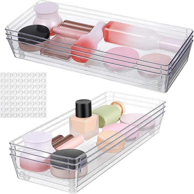 6 Pack Clear Plastic Drawer Organizer Tray 15 x 6 x 2 Inch Large Clear Drawer Organizer Set with Non-Slip Silicone Pads Stackable Drawer-Organizer Traysfor Makeup, Bathroom, Kitchen Utensils, Office,