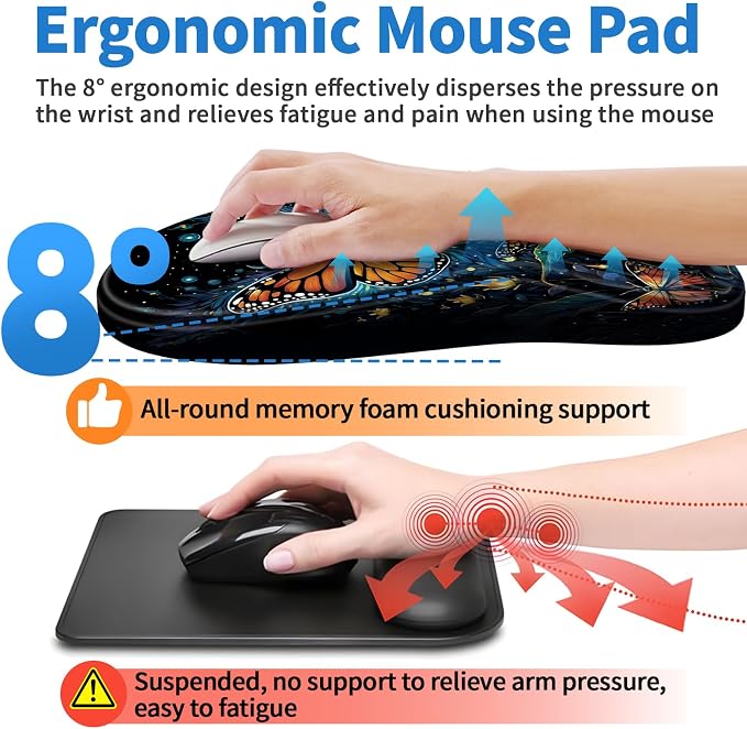 YIWEI Ergonomic Mouse Pad with Wrist Rest - Comfortable Office Mousepad with Memory Foam Wrist Support for Carpal Tunnel Relief, Mouse Pads with Non-Slip Base for Gaming and Home (Butterfly)