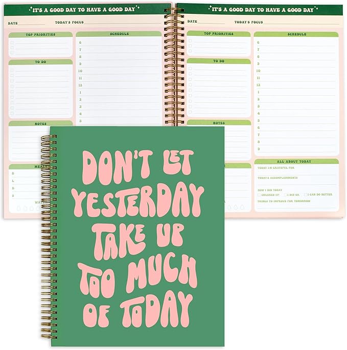 Undated Daily Planner Notebook 7.75x10, Cute Planner Notebook, Pink Green To Do List Notebook, Large Hardcover Spiral Schedule Notebook Planner, Inspirational Quote Planner Students Girls Teens