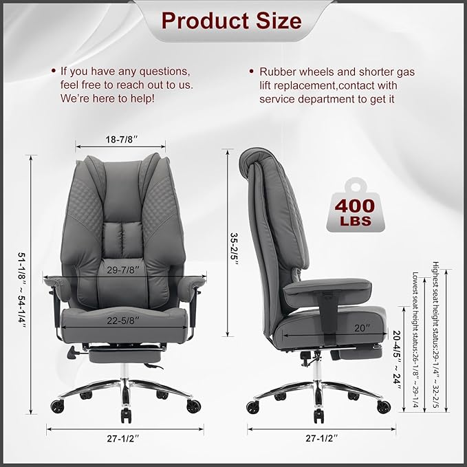 Big and Tall Office Chair 400lbs Wide Seat, Leather High Back Executive Office Chair with Foot Rest, Ergonomic Chairs Lumbar Support for Lower Back Pain Relief (Grey)