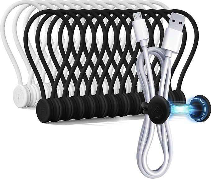 COOLMI Magnetic Cable Ties 24 Pack, 6.88 Inch Reusable Silicone Cord Organizer Wraps, Strong Magnet Cable Management Straps for Charging Cords, USB Cables, Earbuds, Desk, Travel, Black and White