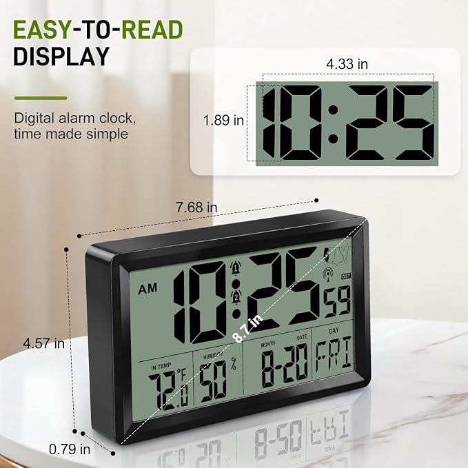 Atomic Clock Alarm Clock with Backlight, 8.7″ Battery Powered Clock Auto DST Self-Setting, Digital Wall Clock with Indoor Temperature Humidity, Snooze for Bedroom Office