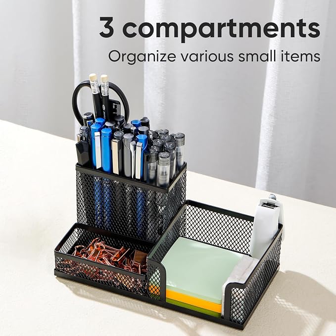 deli Mesh Desk Organizer, Black | Office Supplies Caddy with Pencil Holder and Storage Baskets for Desktop Accessories, 3 Compartments
