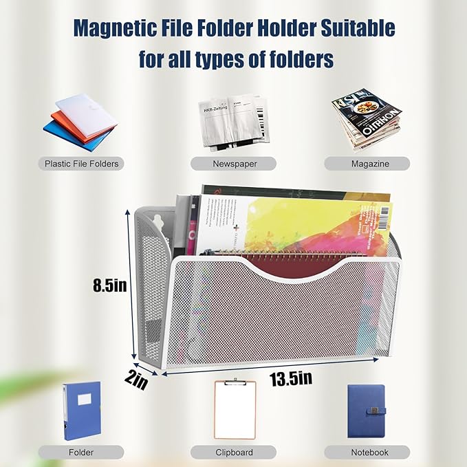 4PCS Magnetic File Holder - No Drilling Magazine Paper Document Holder, Hanging File Organizer for Refrigerators, Whiteboards & File Cabinets