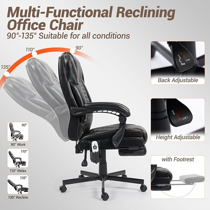 Heated Massage Executive Office Desk Chair with Footrest - Black | 6 Points Vibration Massage System, 5 Massage Modes, 3 Target Areas (Back,Lumbar,Seat), Reclining 90°-135°