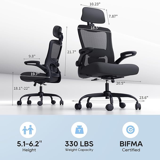 Ergonomic Office Chair, High Back Mesh Desk Chair with Adjustable Lumbar Support & Headrest, Flip-up Armrest, Computer Task Chairs for Home and Executive Office (B-Black)