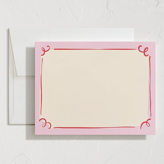 Minted Curly Corners Stationery Set, Set of 10, Flat Note Cards & Envelopes for Invitiations and Handwritten Thank You Messages, Pink Hand-Drawn Frame Design, Gifts for Women, Luxurious Paper