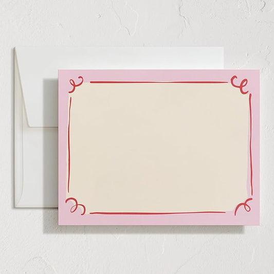 Minted Curly Corners Stationery Set, Set of 10, Flat Note Cards & Envelopes for Invitiations and Handwritten Thank You Messages, Pink Hand-Drawn Frame Design, Gifts for Women, Luxurious Paper