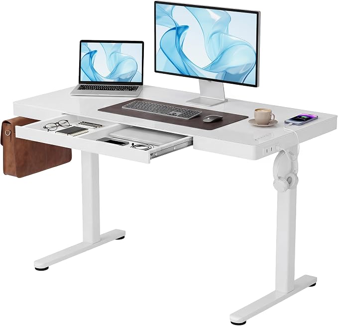 Claiks Touch Screen Glass Standing Desk with Drawers and USB Ports, 48×24 Inch Adjustable Stand Up Desk, Quick Install Home Office Glass Top Computer Desks, White
