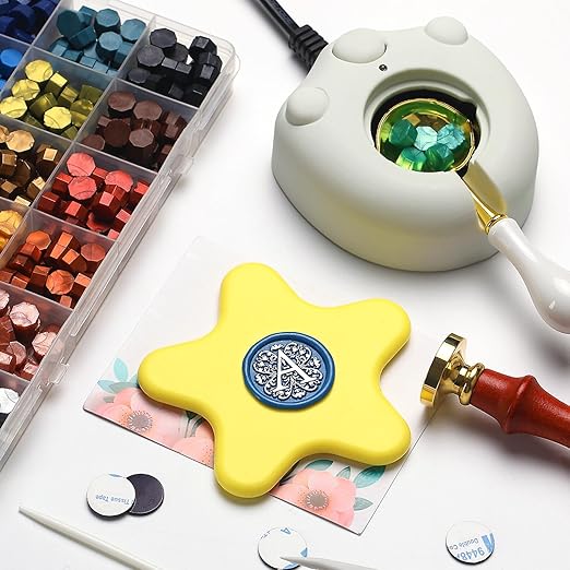 Flower Initial Alphabet M & Eucalyptus Wax Seal Stamp Kit with 2 Brass Heads Electric Wax Seal Warmer 600 Sealing Beads Ideal for Wedding Invitation Gift Wrapping Christmas (Floral M Kit)
