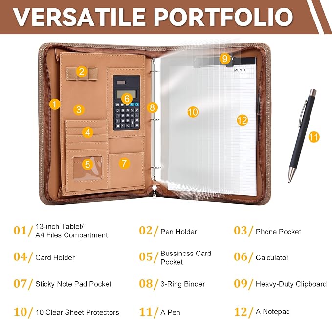 Leathario Portfolio Binder, Includes 5 Sheet Protectors and a Pen, 13 Inch Tablets Organizer, Vegan Leather A4 Padfolio, Multi-Pocket Notepad Business Planner Professional Document