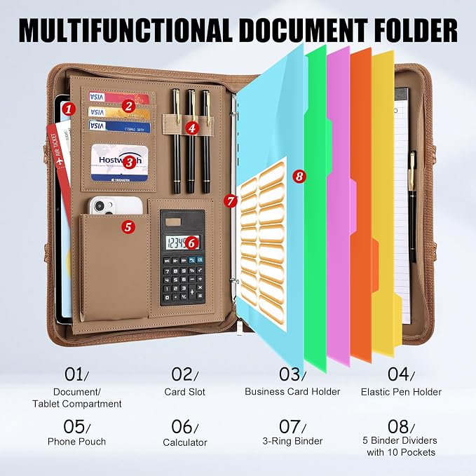 Portfolio Binder - 3 Ring Binder with Magnetic Handle, Vegan Leather Business Padfolio Folder with Notepad, Includes 5 Dividers with 10 Pockets for Documents Files
