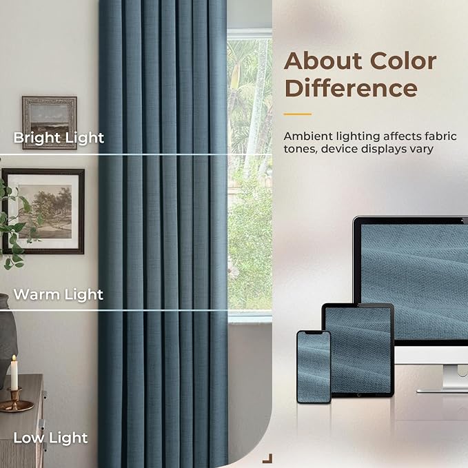 INOVADAY 100% Blackout Curtains for Bedroom, Black Out Curtains 90 Inch Long, Clip Rings Linen Blackout Drapes, Thermal Insulated Room Darkening for Living Room, 2 Panels - Stone Blue, W50xL90
