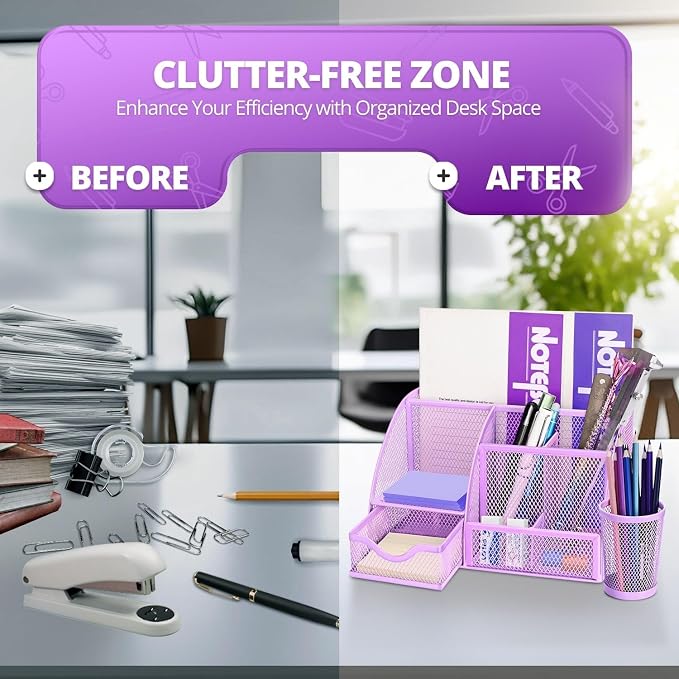 Flexzion Desk Caddy Organizer Set (Purple) - Metal Mesh Desktop Caddy with Drawers, 6 Compartments, and Pencil Holder for Women & Men - Desktop Organizer and Storage for Work or Office Supplies | Compact Desktop Caddy with Separate Pen Holder; 8.7 X 5....