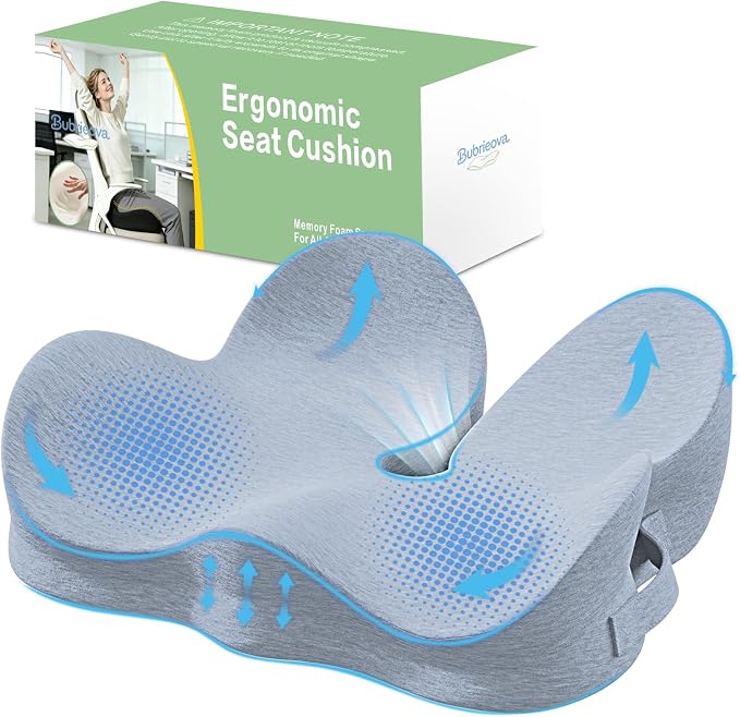 Memory Foam Seat Cushion for Sciatica & Tailbone Pain Relief – Comfort Support for Office Chair, Car Seat, Airplane, Long Sitting Workers & Drivers (Gray)