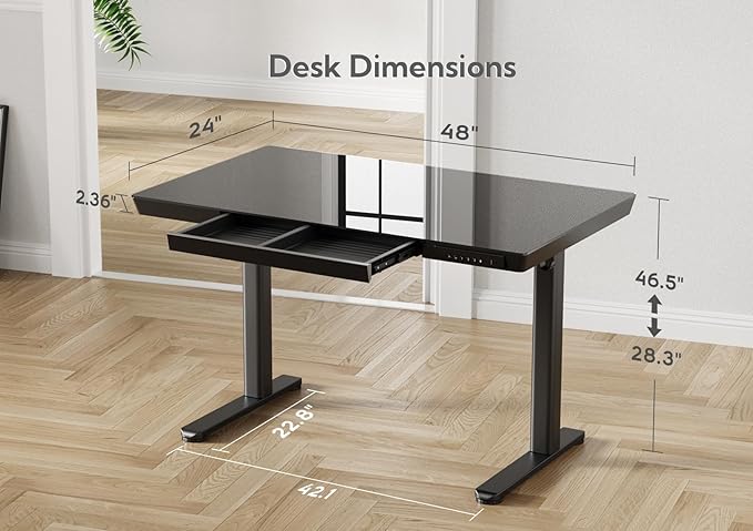 Claiks Glass Standing Desk with Drawers & USB Ports 48x24 Inch, Black | 3 Steps Quick Install, 2 Zones Drawer, USB Ports, Ultra White One-Piece Glass Top, Writable Top