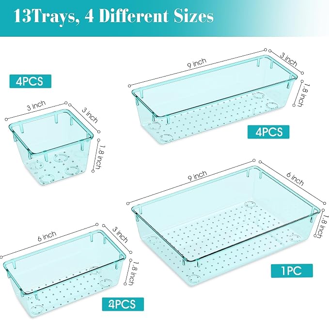 StorMiracle 13 PCS Clear Plastic Drawer Organizers Set, 4 Size Desk Drawer Organizer Trays for Makeup, Jewelry, Kitchen Utensils, Gadgets and Office Accessories, Sea Blue