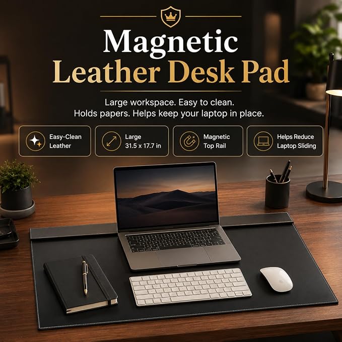 Fumete 31.5" x 17.7" PU Leather Desk Pad Mat, Large Waterproof Desk Blotter with Top Rail, Dual-use Writing Board & Mouse Pad for Office Home Desktop
