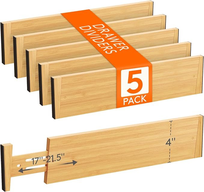 Lifewit 4" High 5 Pack Bamboo Drawer Dividers 43-54cm/17-21.5" Adjustable Wooden Drawer Organizer for Clothes/Utensils, Expandable Drawer Separator for Dresser/Kitchen/Bedroom/Office Organization