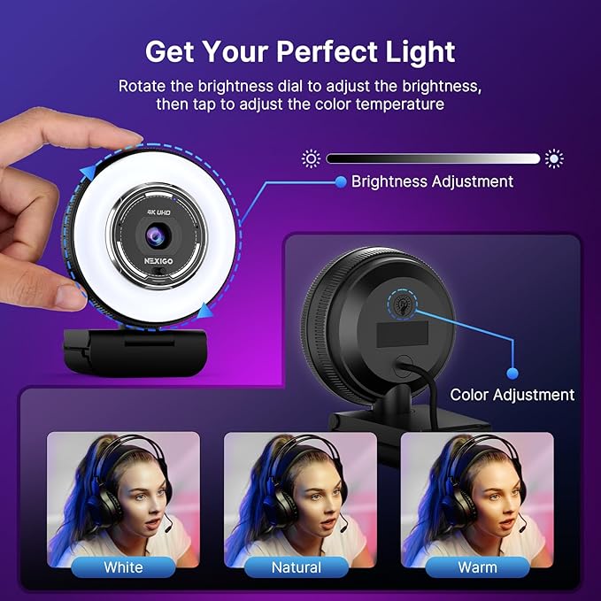 NexiGo 4K Streaming Webcam Kit, N680E Pro UHD Webcam w/Ring Light, PDAF Autofocus, 1080p 60FPS, Dual Noise-Canceling Mics, Privacy Shutter, Lightweight Mini Tripod, for Zoom/Teams/Twitch/Google Meet