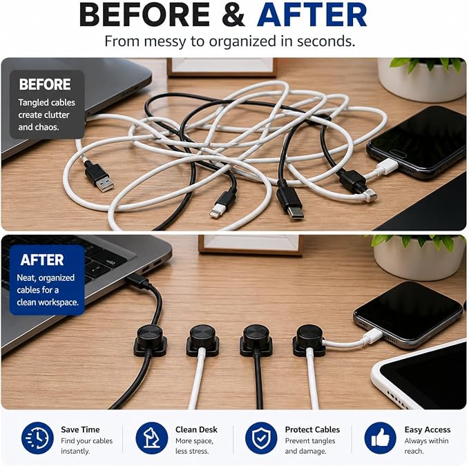 Magnetic Cable Organizer 12 Pack, Cord Holder for Nightstand, Cable Organizer Clips, Cord Clips for Wires on Wall, Desk Cord Management Holder for USB & Phone Charger Cables (12)