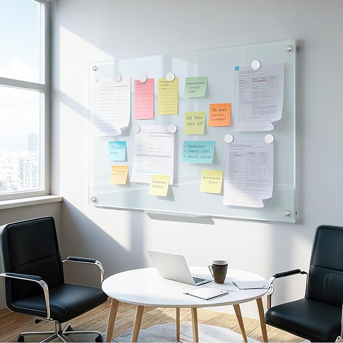 Dry Erase Board, 48'' x 36'' Magnetic Large Glass Whiteboard Frameless Wall Mounted Glass White Board for Office, School & Home with 1 Acrylic Marker Tray & 3 Strong Magnet