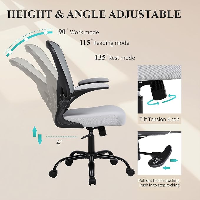 Flysky Mesh Office Chair, Ergonomic Computer Desk Chairs for Home Office - with Comfy/Comfortable Flip-up Arm Rests, Lumbar Support, Height Adjustable, 360 Degree Rolling Swivel (Gray, 1 Pack)