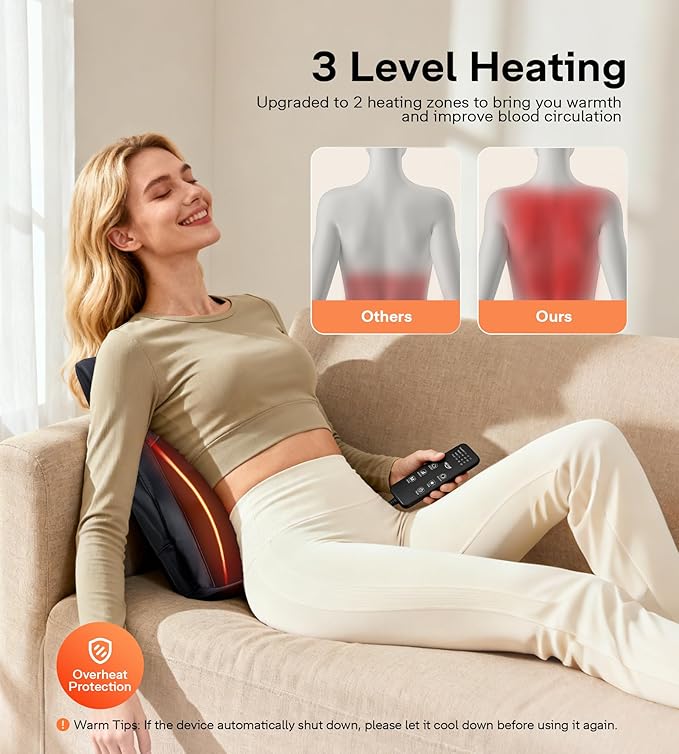 ALLJOY Heated Back Massager for Back Pain Relief, Deep Tissue Shiatsu Lumbar Support Pillow with 3 Massage Modes, 3 Intensity Levels & 3 Timer Settings for Office Chair Home, Fathers Day Gift for Dad