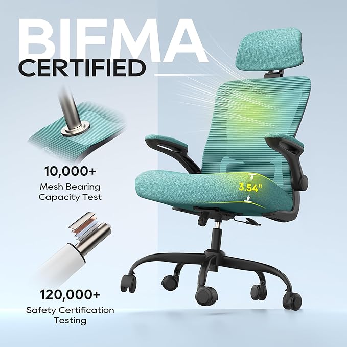Ergonomic Office Chair, High Back Mesh Desk Chair with Adjustable Lumbar Support & Headrest, Flip-up Armrest, Computer Task Chairs for Home and Executive Office (B-Green)